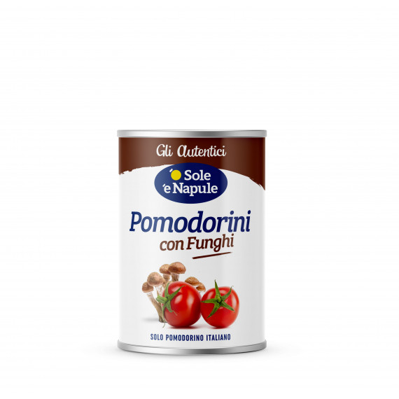 Pomodorini con funghi leggermente piccanti (strappo) 24x400 grammi
